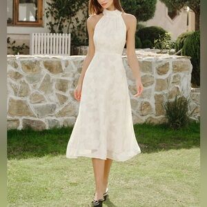 Rihoas Beige Halter Floral Midi Dresses